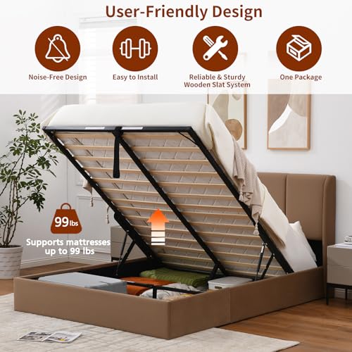 VELOCAVA Queen Size Lift Up Storage Bed with Modern Wingback Headboard, Upholstered Platform Bed with Fabric with Hydraulic Support Bars
