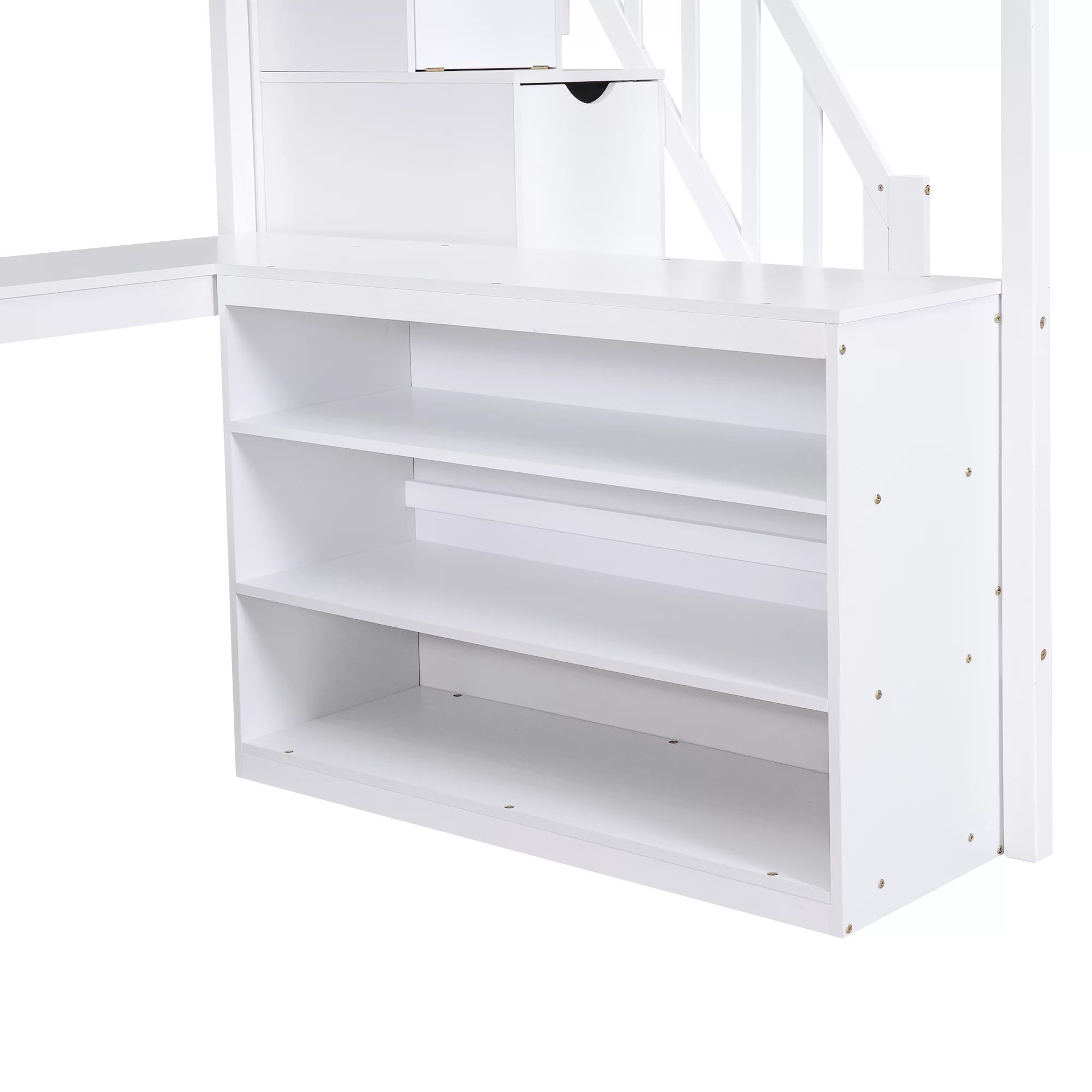 EUROCO Wood Full Size Loft Bed with Desk, Shelf and Storage Staircase for Kids Teens Adults, Built-in Desk with Bookscase for Working Station