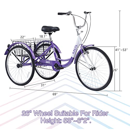 KNUS Adult Single Speed Cargo Tricycles,Adult Trikes 26 inch 3 Wheel Bikes for Adults