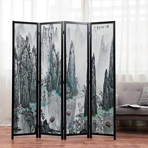 MyGift 4-Panel Folding Bamboo Room Divider Asian-Inspired Cherry Blossom Scene