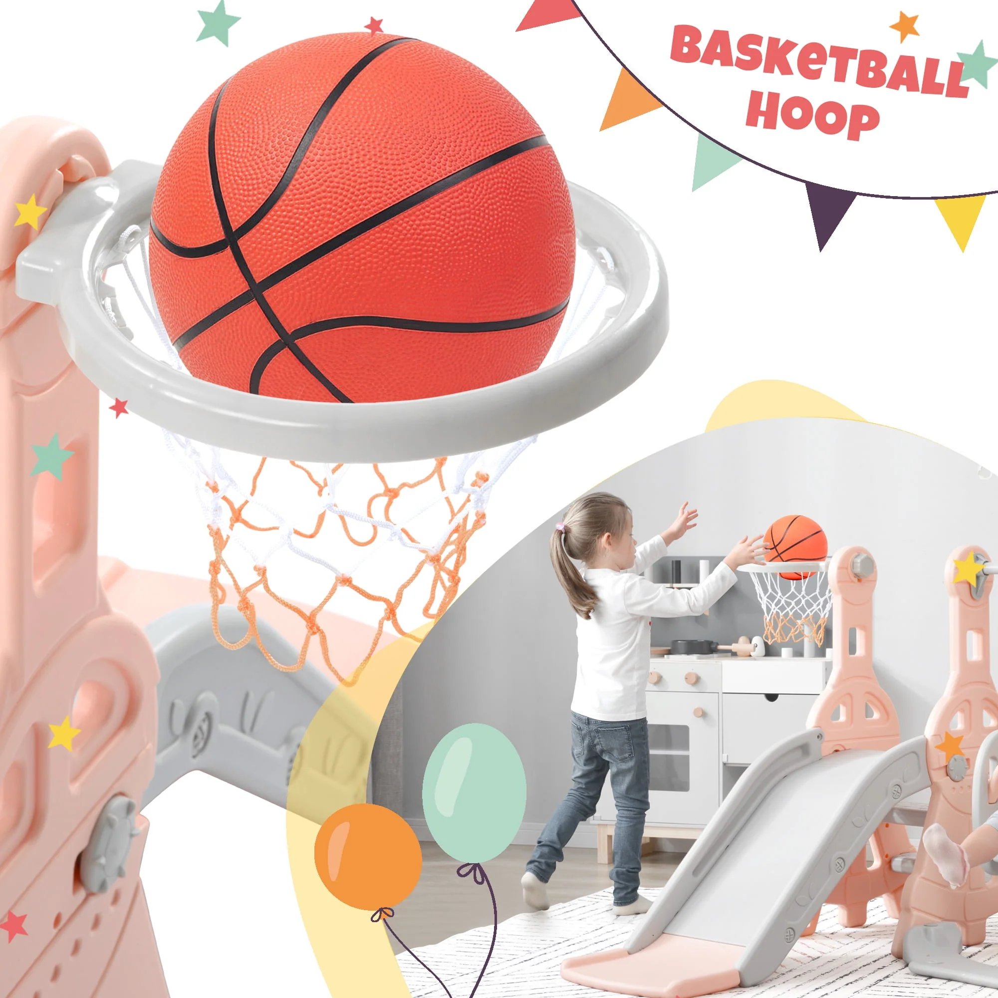 Toddler Slide and Swing Set 3 in 1, Kids Playground Climber Swing Playset with Basketball Hoops Freestanding Combination Indoor & Outdoor