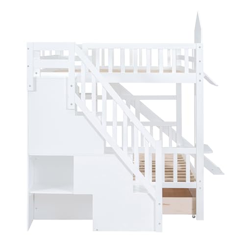 SOFTSEA Twin Over Twin Bunk Bed with Slide and Storage Solid Wood Bunk Bed Frame with Staircase and Drawers, Pink