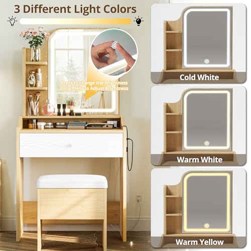 LIKIMIO Small Makeup Vanity Desk with Mirror and Lights, Vanity Table Set with Storage Drawer, Chair and Three Shelves, Bedroom, White