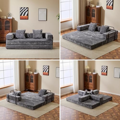 Convertible Floor Sofa Bed, Foldable Mattress Cloud Couch with Pillow Back & Armrest, Chenille Sleeper Sofa Bed with Fixed-Shape Frame