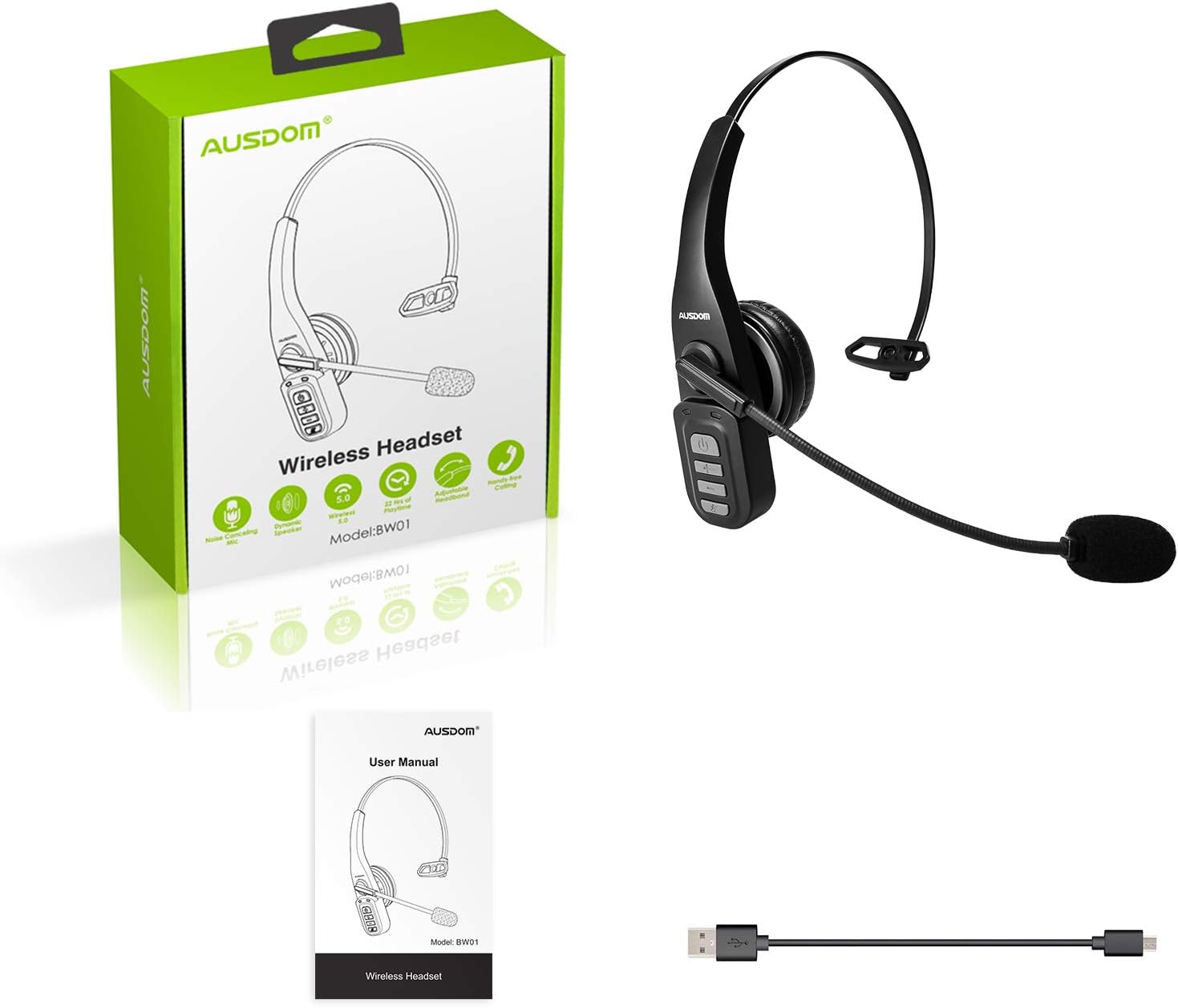 Trucker Bluetooth Headset 5.0 with Microphone, AUSDOM BW01 Noise Cancelling Wireless Headphone