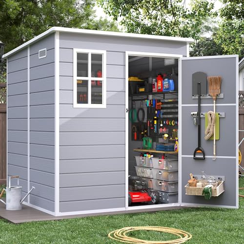 6x6FT Resin Outdoor Storage Shed, Plastic Garden Shed with Floor, Lockable Door & Window, Waterproof Tool Shed for Bike, Garbage Can, Lawn Mower