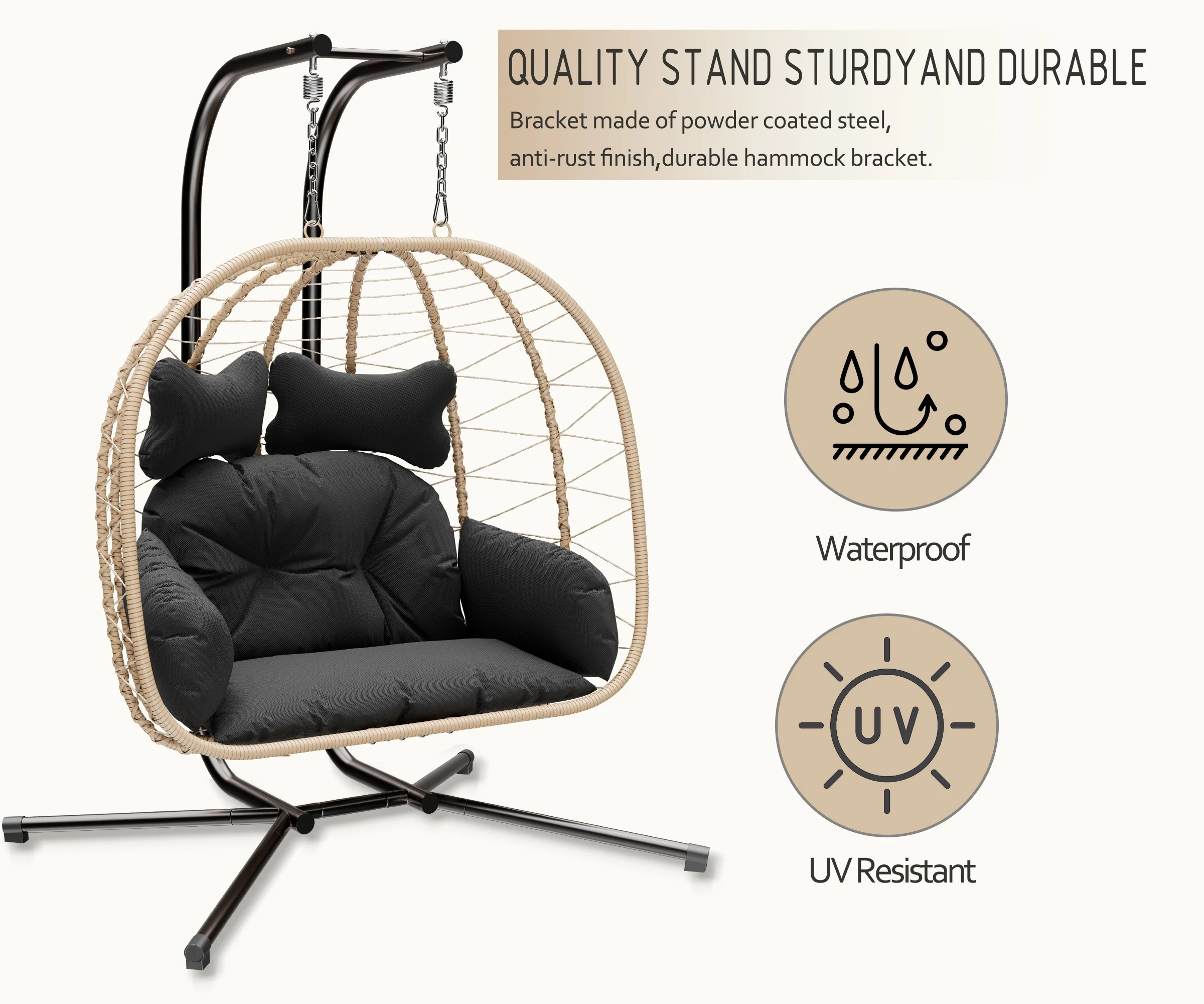 Esmlada Double Wicker Swing Egg Chair Hammock Foldable Hanging Loveseat with Stand, UV Resistant Removable Cushions, 700LBS Capacity for Bedroom
