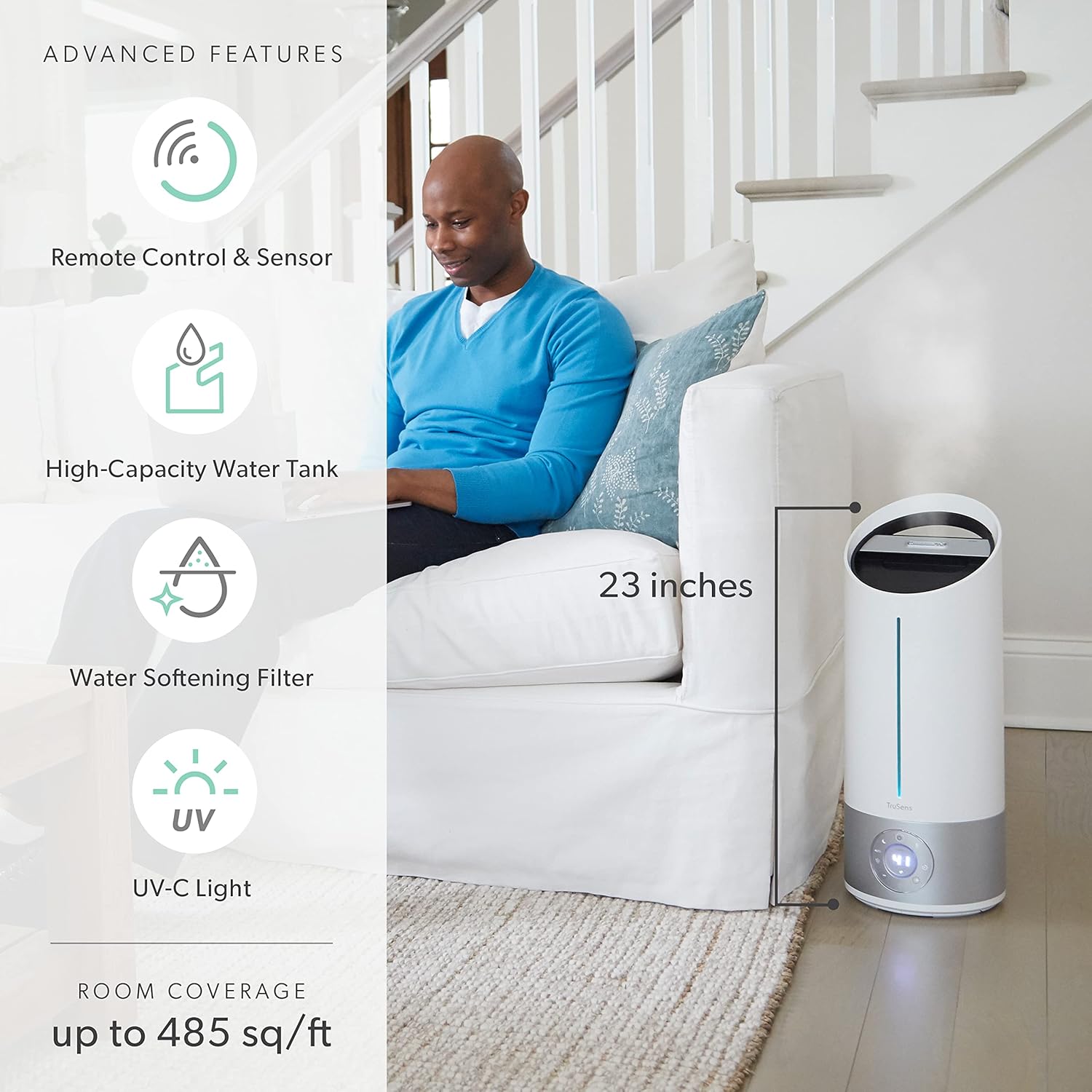TruSens Clean Mist Ultrasonic Humidifier With UV-C Light, Large 8L Tank, Humidity Sensor, Warm & Cool Mist, Water Softening Filter