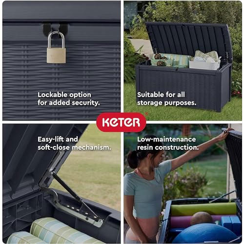 Keter Outdoor Storage Deck Box, for Patio, Backyard & Garden, Borneo, 110 Gallon, Brown - Lockable, Organizing, and Waterproof Plastic Container Bench