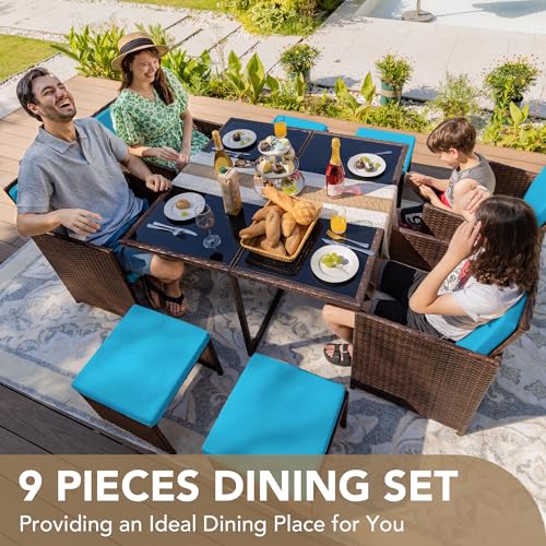 Devoko 9 Pieces Patio Dining Sets Outdoor Space Saving Rattan Chairs with Glass Table Patio Furniture Sets Cushioned Seating and Back Sectional