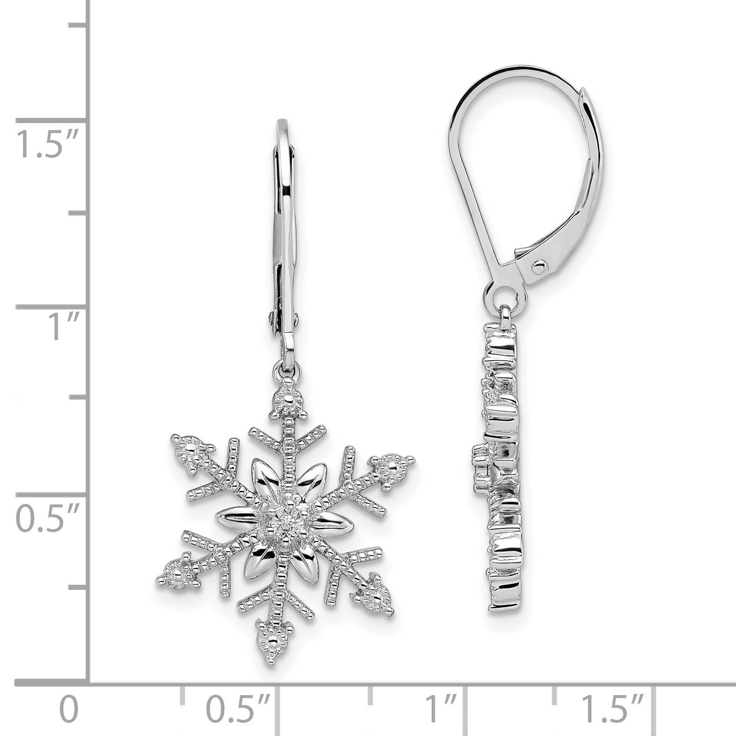Sterling Silver Diamond Snowflake Leverback Earrings 33.8x16 mm (0.01 cttw, I1-I3 Clarity, I-J Color)