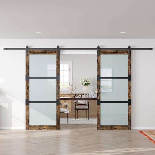 Fredbeck Double 36x84 Frosted Glass Barn Doors Aluminum Frame and 13.2ft Hardware Kit Included