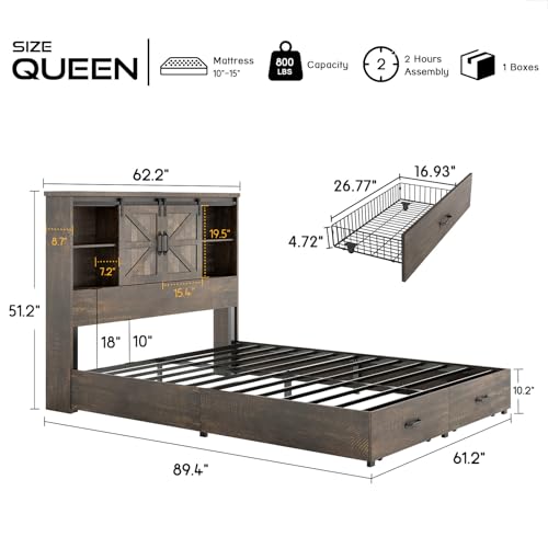 HOWE King Size Bed Frame, Wood Platform Bed Frame with 51.2" Bookcase Headboard, Storage Bed with Sliding Barn Door Charging Station 2 Drawers
