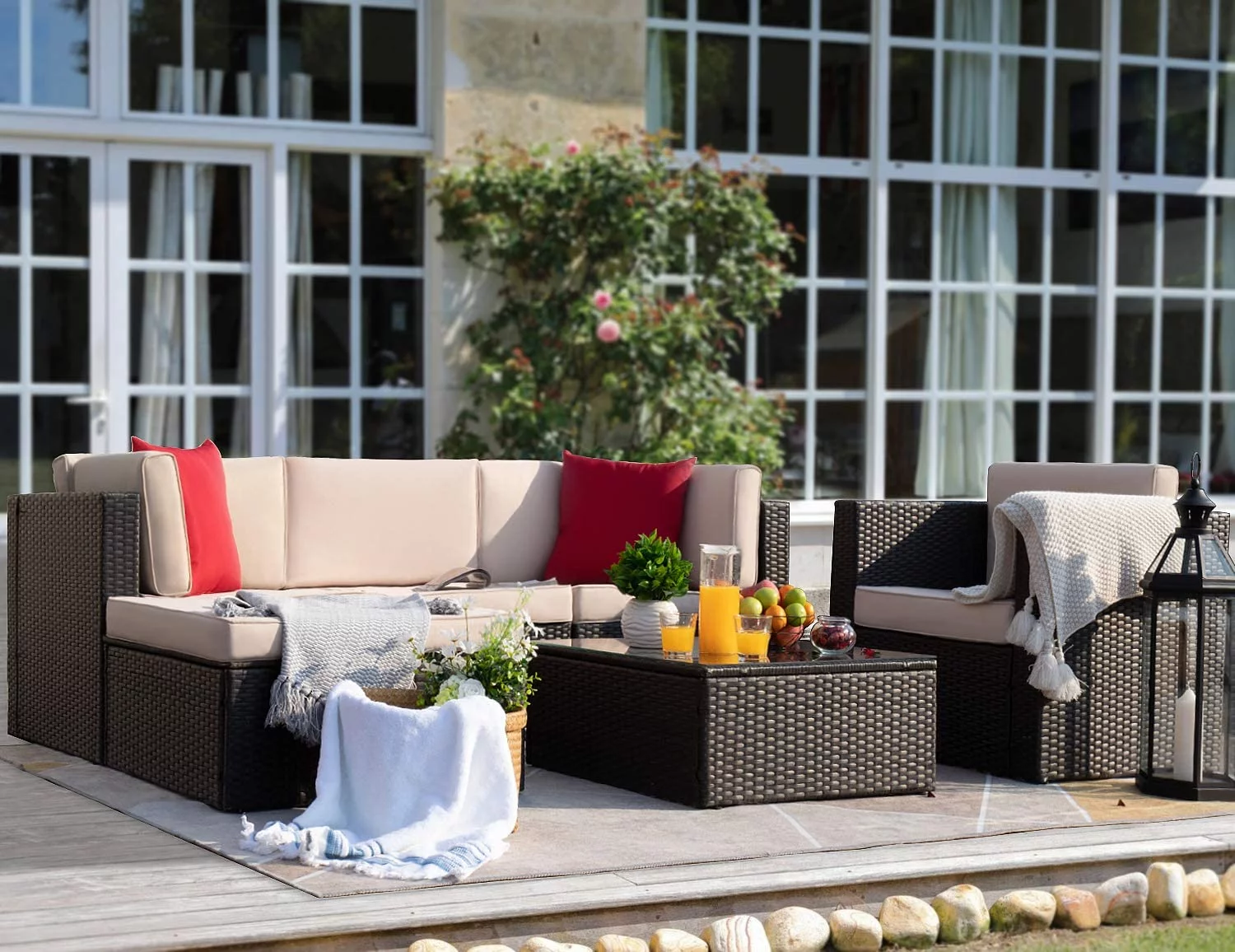 Lacoo 6 Pieces Patio Indoor Furniture Set Outdoor Sectional Sofa Outdoor Furniture, Beige, Sectional Sets, 2, Steel
