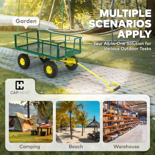 CAPHAUS Metal Black Garden Cart, w/ 180° Adjustable Yellow Handle, w/Mat and Strap, Heavy Duty 880 lbs Capacity, w/ 10” Flat-Free Tires
