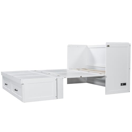 Harper & Bright Designs Queen Size Murphy Bed Cabinet Wall Bed Chest with USB, Charging Station and Large Storage Drawer for Home Office (White)