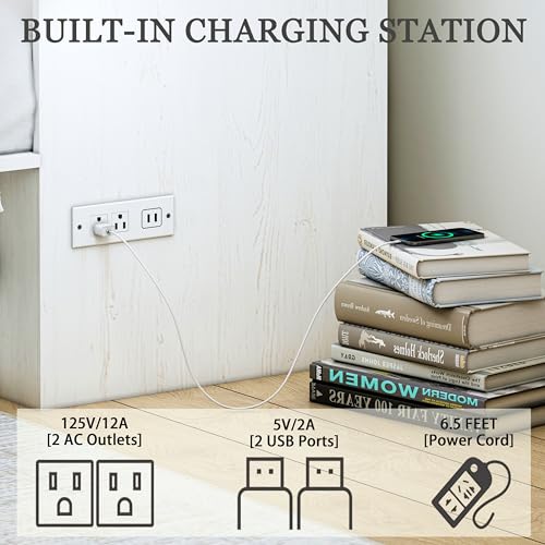 Full Murphy Bed with Storage & Charging Station, Farmhouse Murphy Cabinet Bed with Large Drawer, Hideaway Foldable Platform Bed for for Guest Room