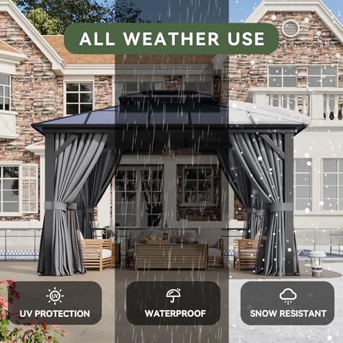 Aoxun 12'x10' Hardtop Gazebo, Aluminum Frame Permanent Pavilion with Curtains and Netting, Outdoor Polycarbonate Double Roof Canopy
