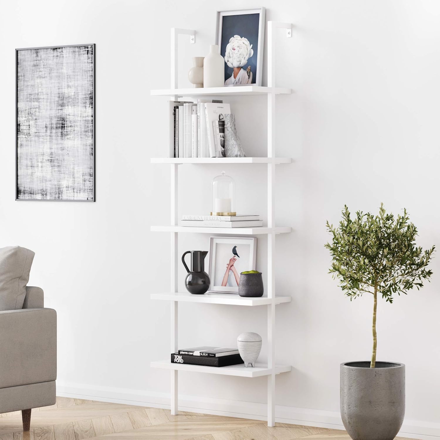 Nathan James Theo 5-Shelf Modern Bookcase, Open Wall Mount Ladder Bookshelf with Industrial Metal Frame, White/Gold