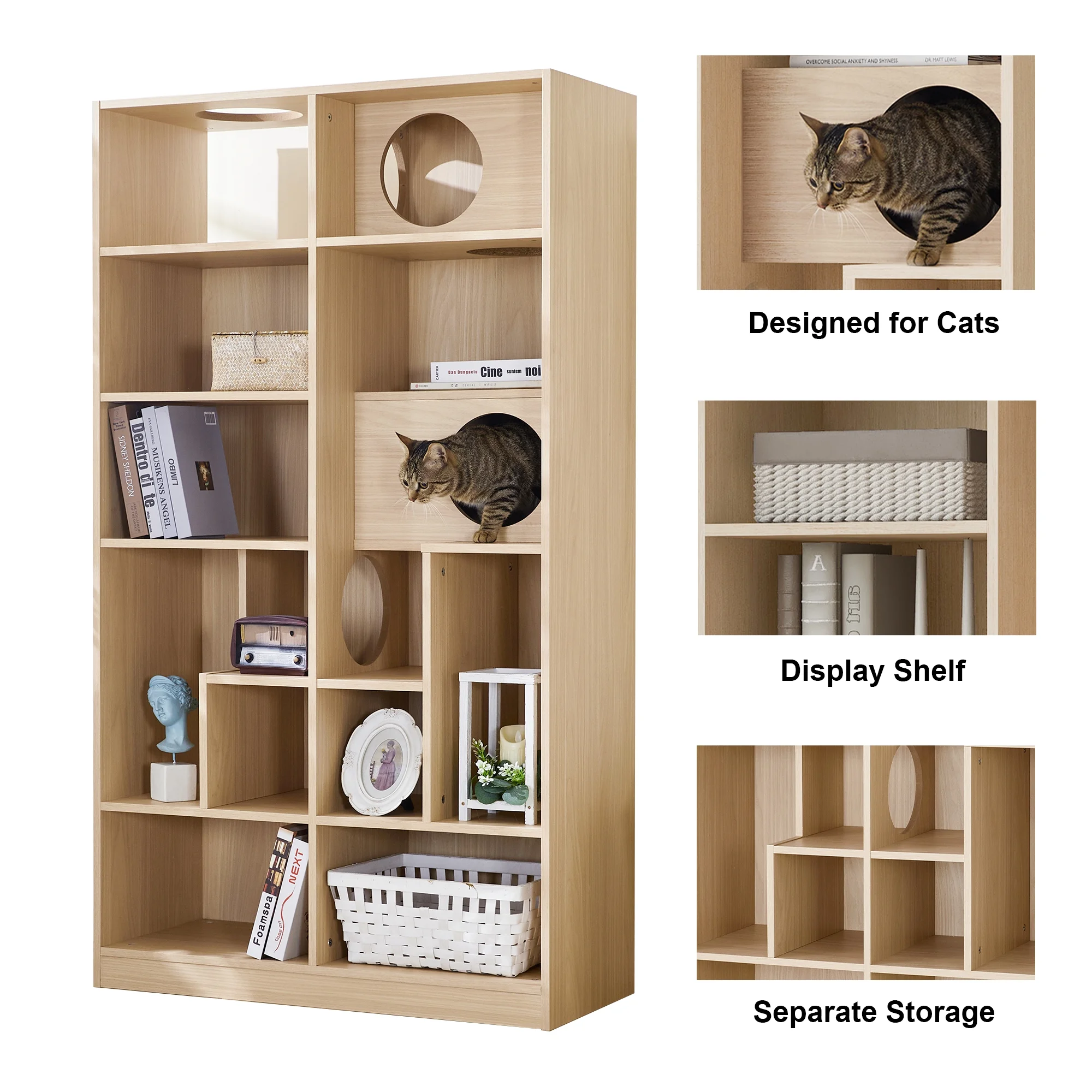 Wood Cat Tree Bookshelf - 2-in-1 Cat House with Storage, Modern Display Case &amp; Climbing Shelves for Indoor Cats