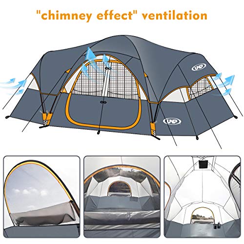 UNP Camping Tent 10-Person-Family Tents, Parties, Music Festival Tent, Big, Easy Up, 5 Large Mesh Windows, Double Layer, 2 Room, Waterproof