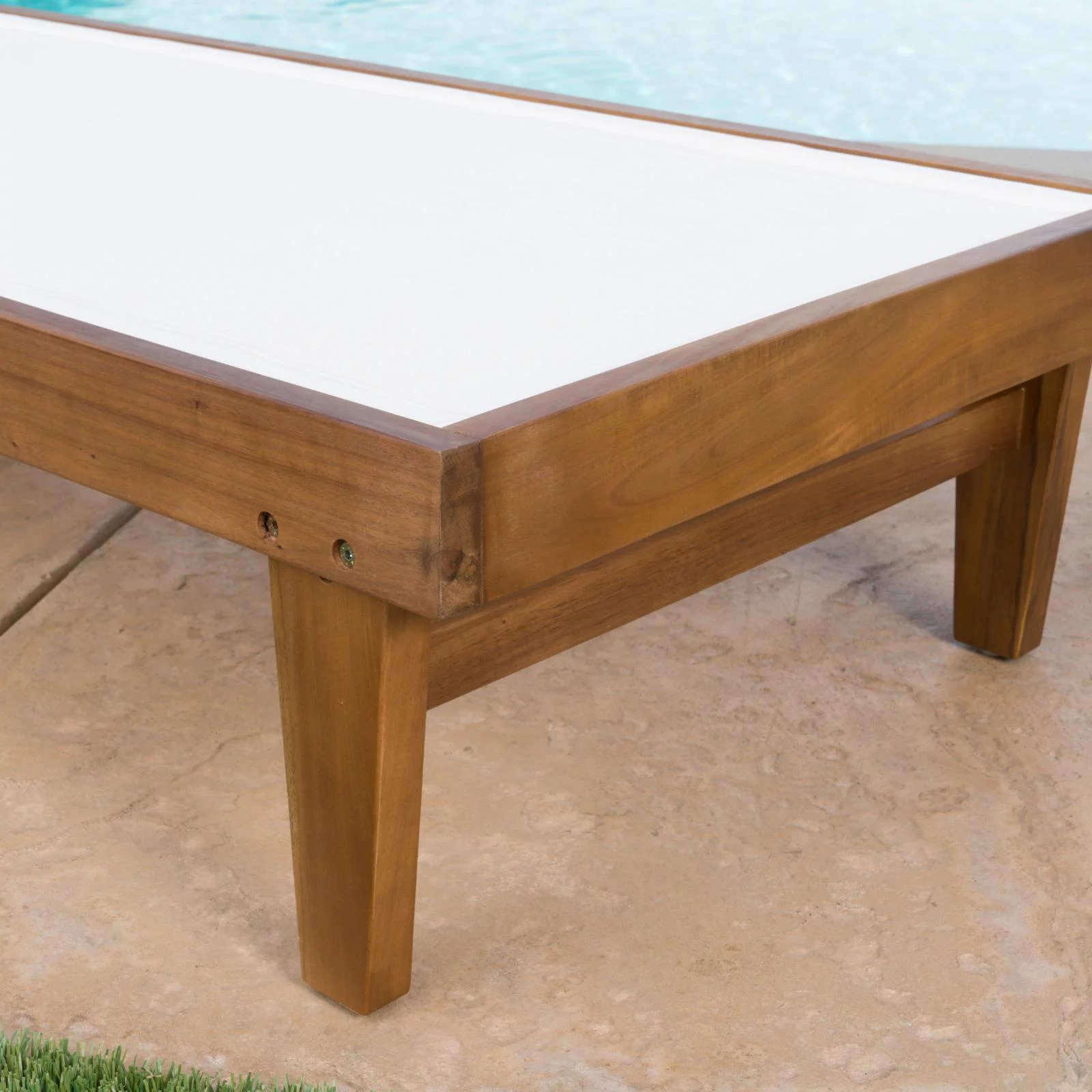 Azara Outdoor Acacia Wood and Mesh Chaise Lounge - Teak and White