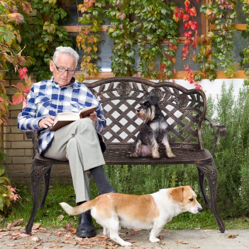 VINGLI 42.5" Outdoor Bench, Antique Cast Aluminum Front Porch Bench Metal Garden Benches Cast Iron Benches 2-3 People Seating (Black)