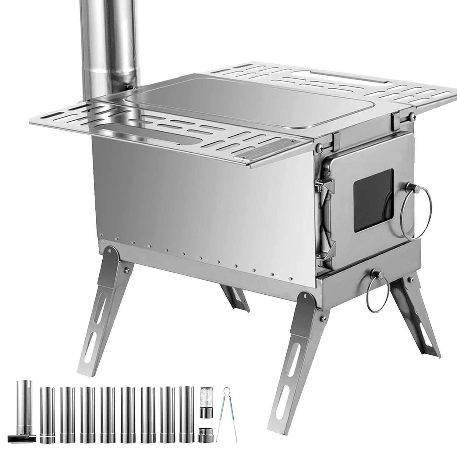 Happybuy Tent Wood Stove 18.3x15x14.17 inch, Camping Wood Stove 304 Stainless Steel With Folding Pipe