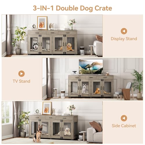 Dog Crate Furniture for 2 Dogs, 71'' XXL Indoor Dog Kennel with 3 Drawers and Removable Room Divider