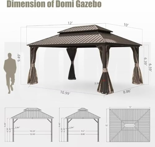 Domi 10’ x 10’ Hardtop Gazebo Metal Frame Canopy with Netting & Curtains