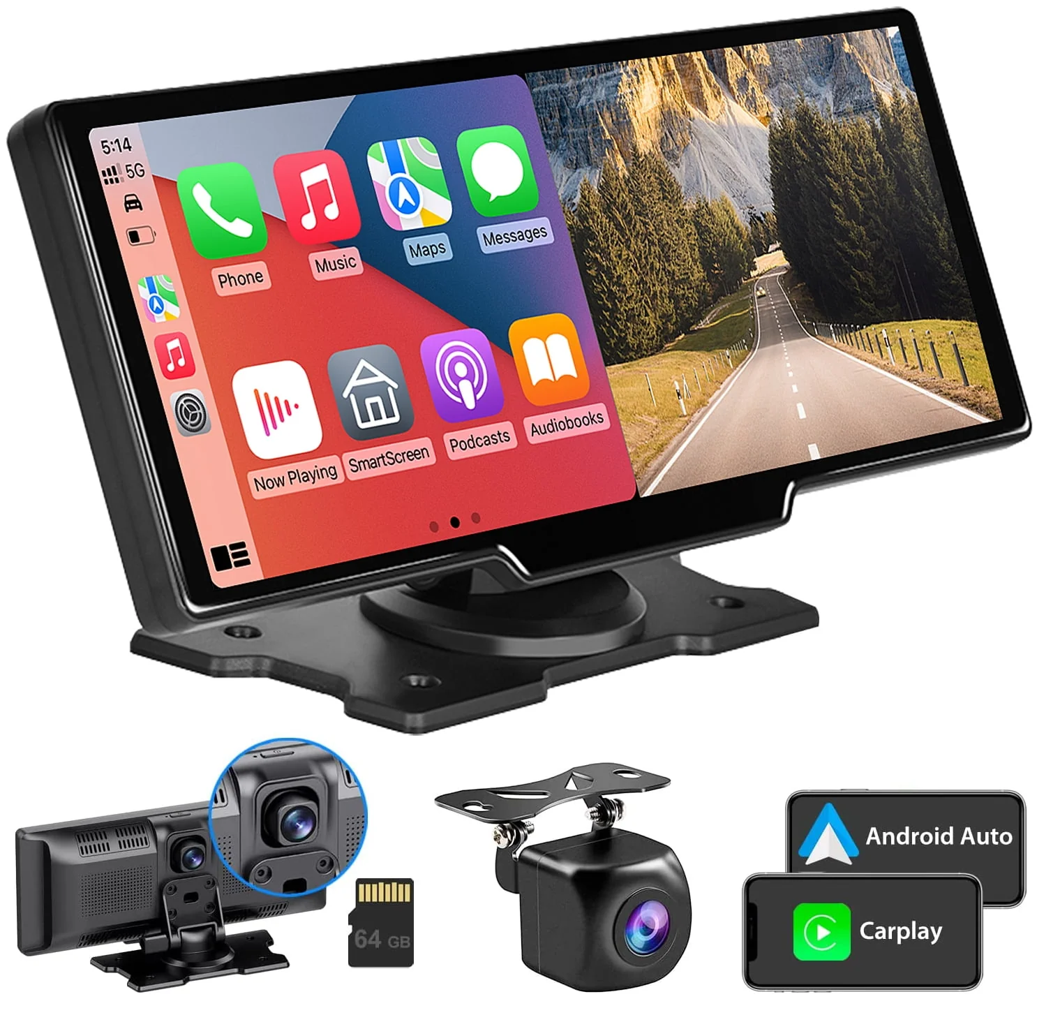 Wireless Carplay Screen for Car, 2.5K Dash Cam, 64G SD Card, Backup Camera, Bluetooth, GPS Navigation, Android Auto, 9.3 Portable Car Play Screen