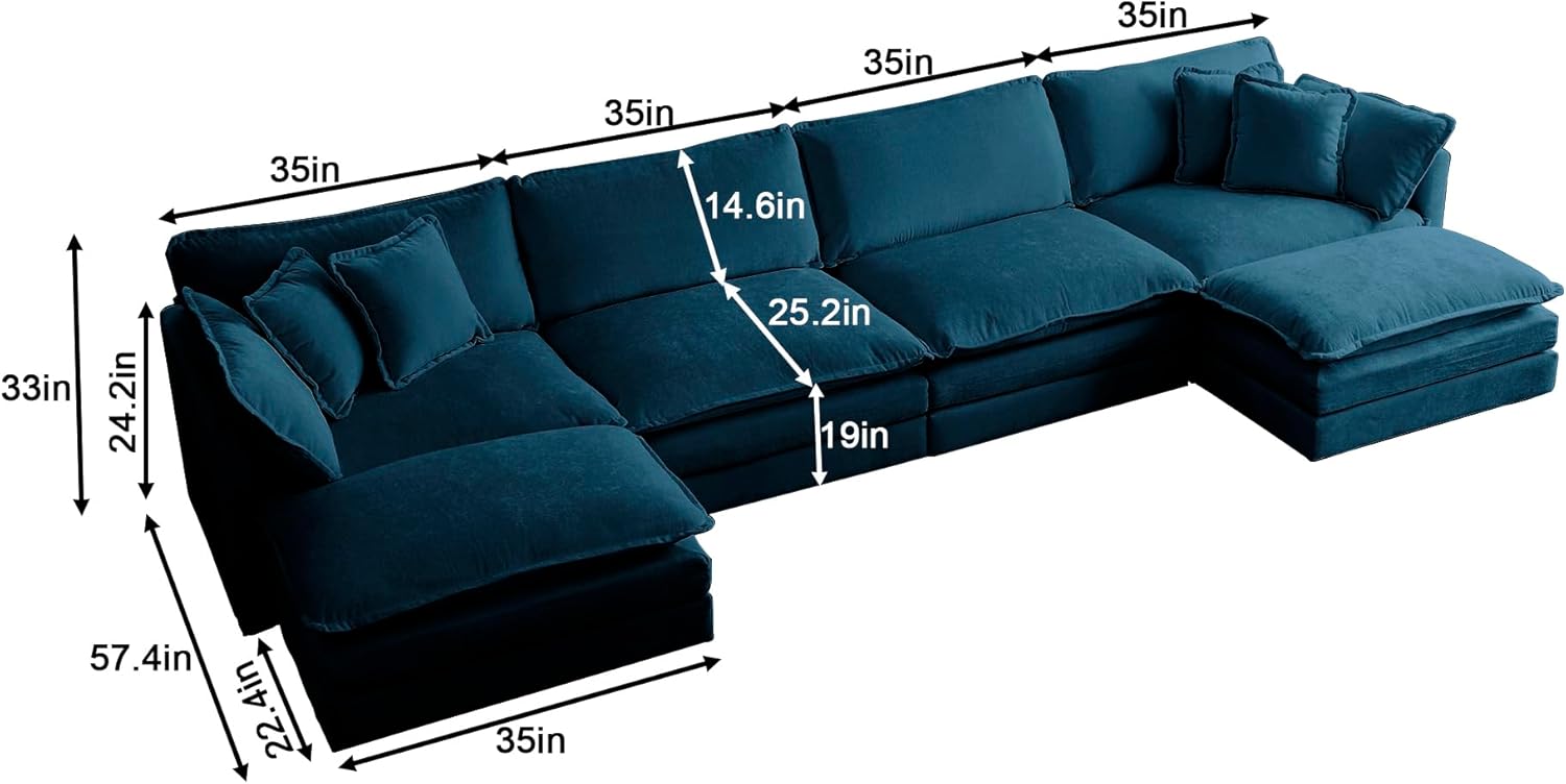 U Shaped Convertible Modular Sectional Sofa with Movable Ottomans, 5-Seater Deep Seat Cloud Couch
