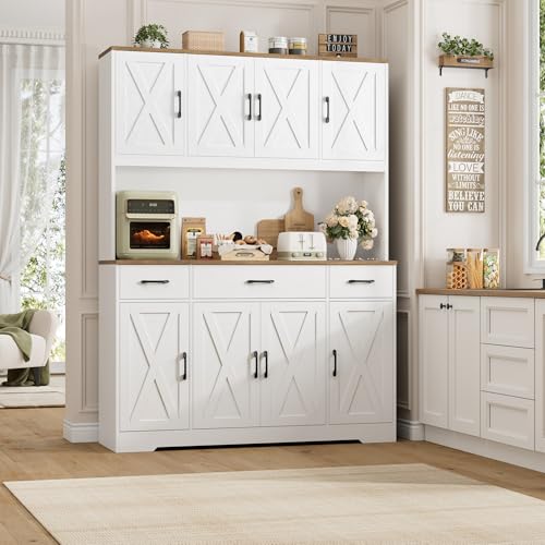 HOSTACK 71" Tall Kitchen Pantry Storage Cabinet with Charging Station, 55" Wide Kitchen Hutch Cabinet with Large Countertop