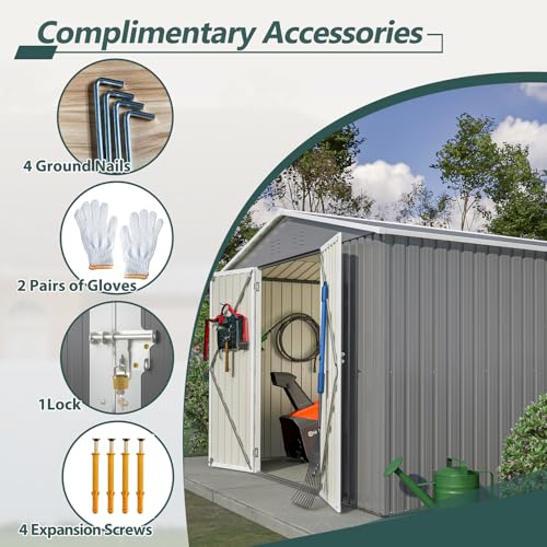 6x4 ft Small Outdoor Metal Storage Shed with Floor Frame & Lockable Door, Heightened Entry Garden Tool Shed for Backyard, Durable Galvanized Steel