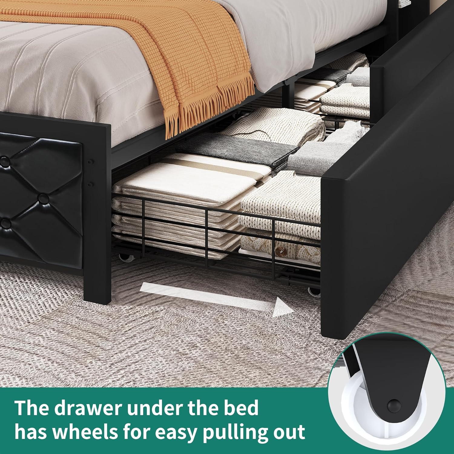YITAHOME Queen Bed Frame with Headboard & 4 Storage Drawers, Modern Upholstered Faux Leather Platform Bed with RGB LED Lights & USB-C Charging Ports