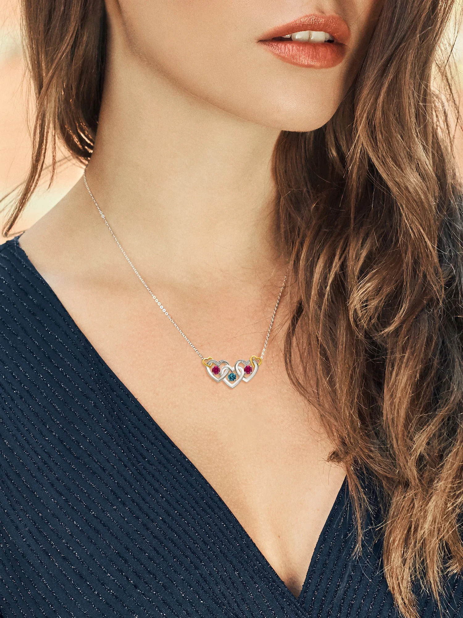 Gem Stone King 925 Silver and 10K Yellow Gold London Blue Topaz Red Created Ruby and White Lab Grown Diamond Heart Shape Pendant Necklace For Women