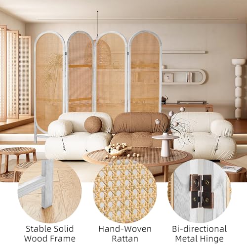 4 Panels Room Divider Wall, Foldable Wooden Room Divider, Individual Privacy Screen Made of Hand-Woven Rattan