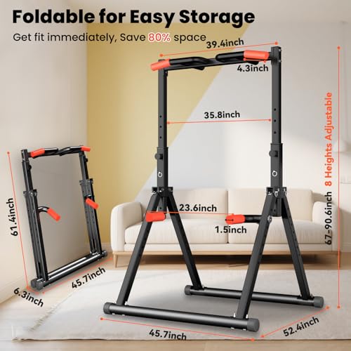 Power Tower Pull Up Dip Station Foldable, Pull Up Bar Station Adjustable, Multi-Function Home Gym, Strength Training Fitness Equipment