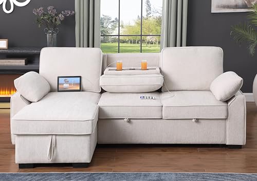 L-Shaped Pull Out Sleep Sofabed,Modern Reversible Sleeper Sectional Sofa Chenille Upholstered Button Tufted Decor with Storage Chaise