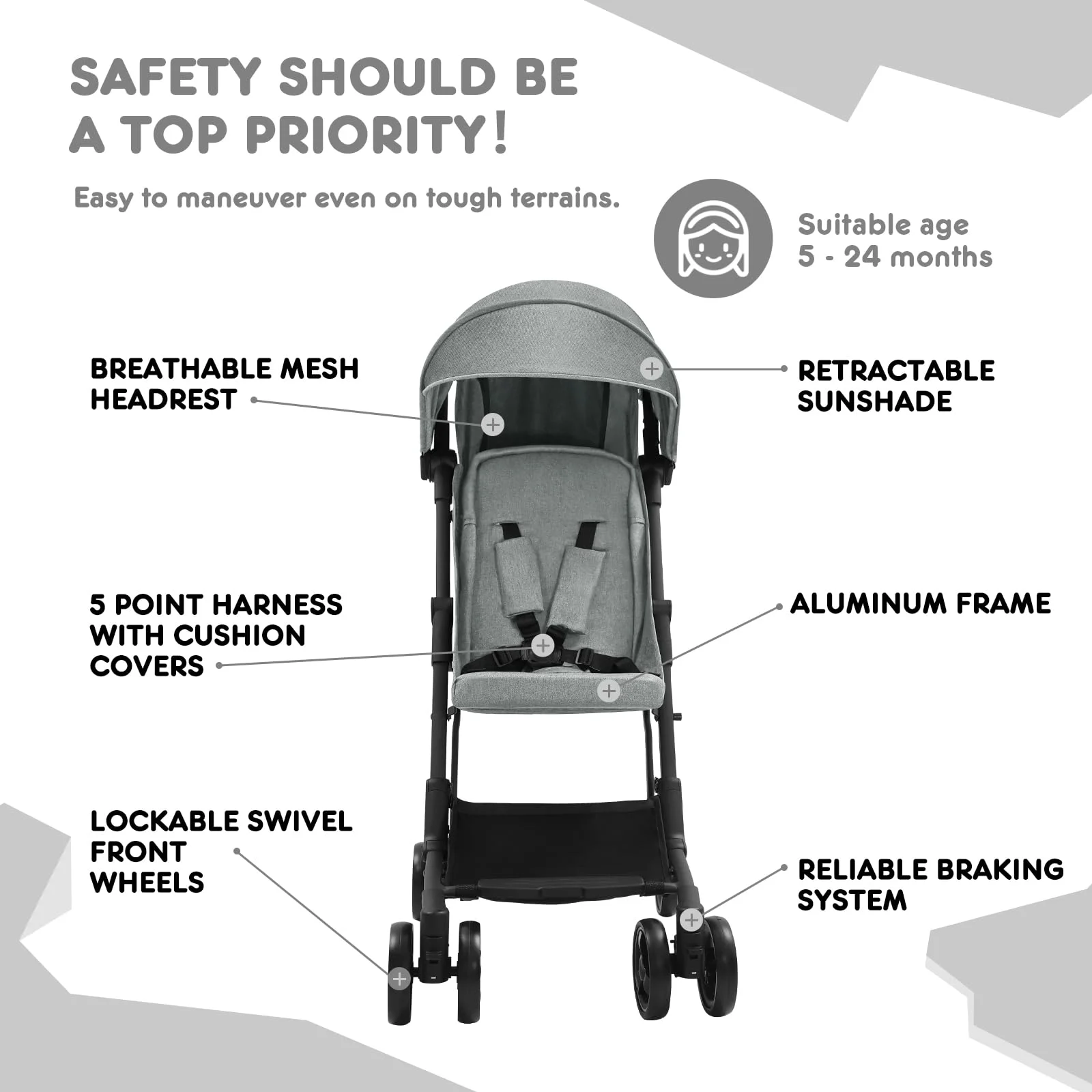HARPPA Lightweight Travel Stroller, Compact Umbrella Stroller for Babies, Easy Folding, Black