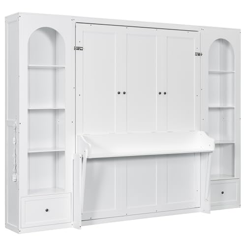 Merax Queen Size Murphy Bed, Wooden Queen Murphy Bed Wall Bed with Sofa and Cushion, for Home Office or Small Room, White