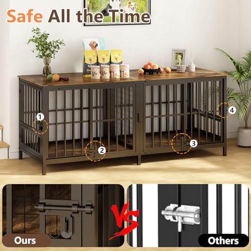 Extra Large 80" Dog Crate Furniture for 2 Dogs, Double Dog Crates for Large Dogs with 2 Dog Bowl, Wooden Pet Cage with Removable Divider