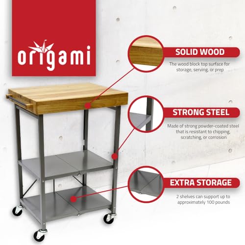 Origami Folding Kitchen Cart on Wheels, 3-Tier Foldable Rolling Cart - Chefs Outdoor Cart for Wine and Food, Microwave Cart, Plating Shelf