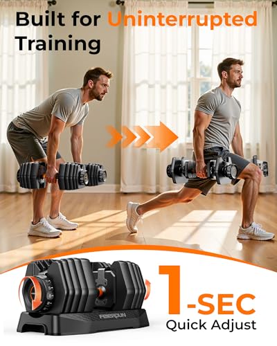 FEIERDUN Adjustable Dumbbell Set, 5-52.5lb Free Weight Dumbbells, 15 in 1, Quick Adjust Weight Set with Non-slip Handles and Tray