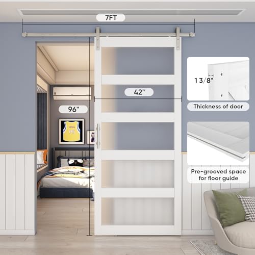 BARNSMITH 42in x 84in Glass Barn Door with 7FT Sliding Door Hardware Kit Included & Handle