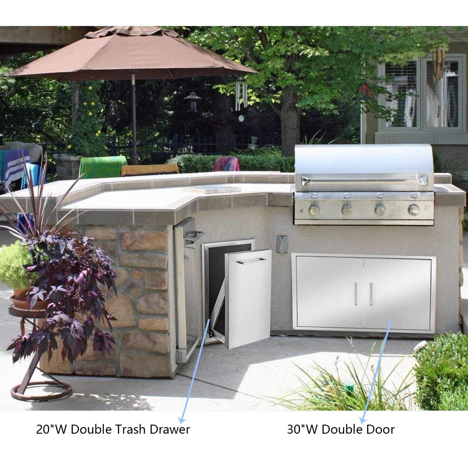Pull-Out Double Trash Drawer Stainless Steel Outdoor Kitchen Trash Drawer Storage for Two 10 Gallon Commercial Wastebaskets
