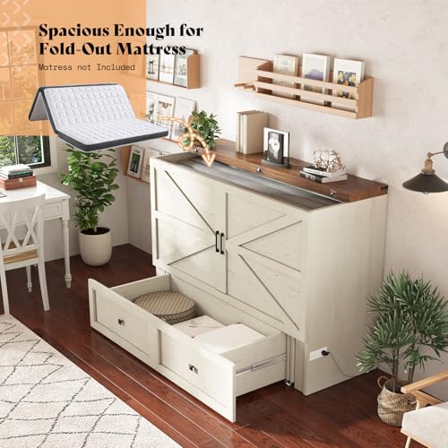 AMERLIFE Queen Murphy Bed with Storage & Charging Station, Farmhouse Murphy Cabinet with Foldable Panel, Noisy Free, for Guest Bedroom, Living Room