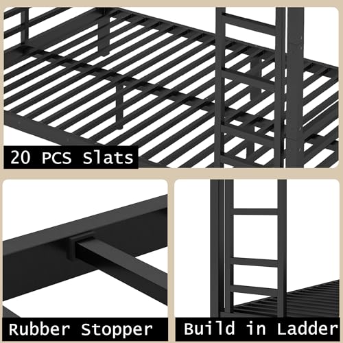 Heavy Duty Bunk Bed Frame with Ladder, Twin XL Over Twin XL Bunk Beds with Safety Guardrails, Adults Bunk Beds with Noise-Reducing Rubber Stoppers