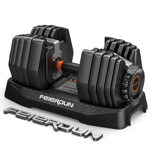 FEIERDUN Adjustable Dumbbell Set, 5-52.5lb Free Weight Dumbbells, 15 in 1, Quick Adjust Weight Set with Non-slip Handles and Tray