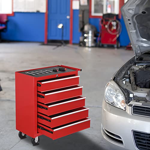 TUFFIOM 5-Drawer Rolling Tool Chest w/Drawers & Lock, Tool Storage Cabinet with Lockable Wheels, Top Cushion & Drawer Liners